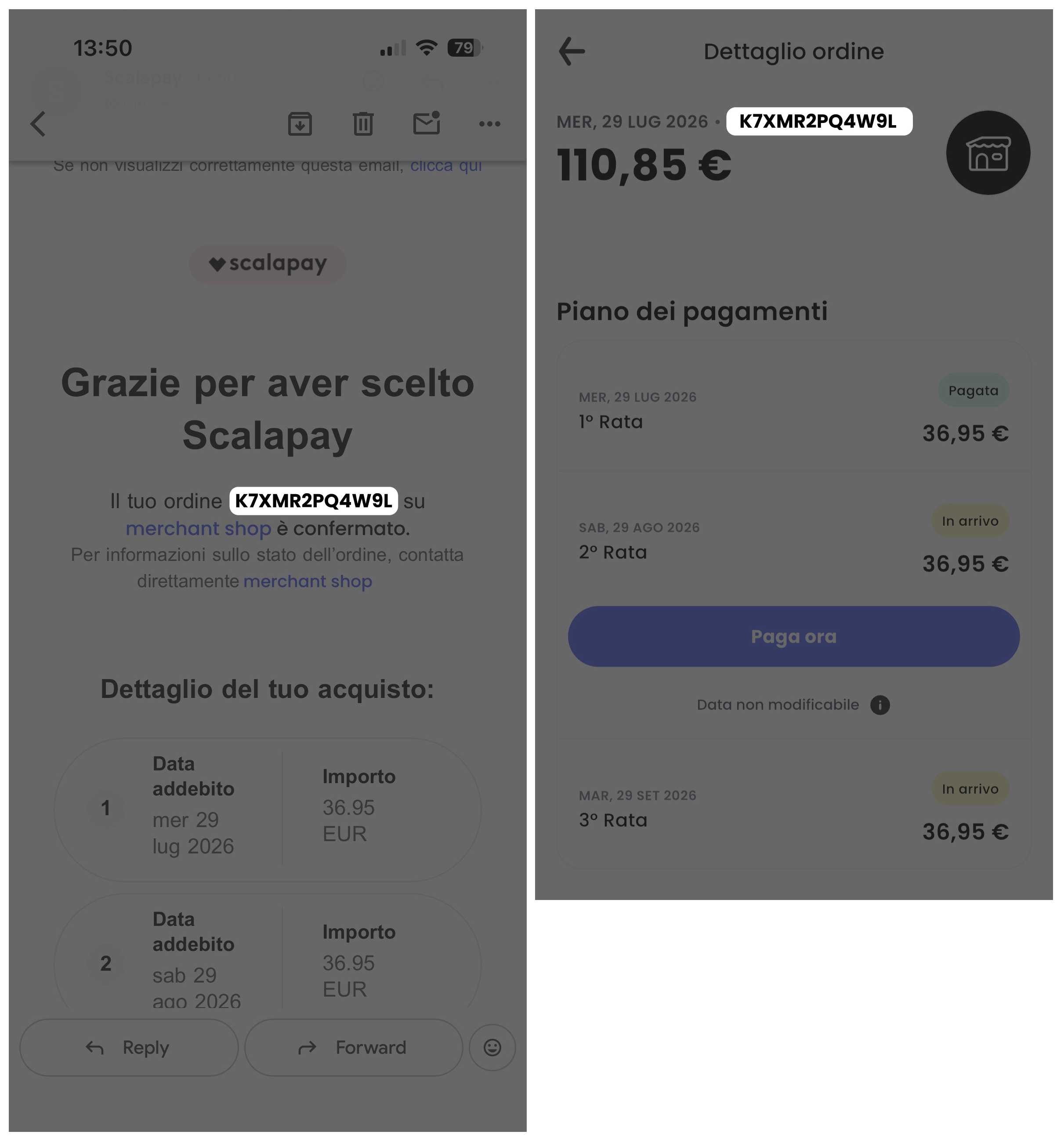 Esempio del numero di riferimento Scalapay